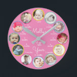 Horloge Ronde 1st Year of Photos Girl Nursery Round Clock<br><div class="desc">This cute fiful design space for a photo from each month of baby girl's first year, along with baby's name or your own personal text! Click the customize button for more options for modifying the text Variations of this design, additional colors, as well as coordinating products are available in our...</div>