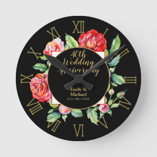Horloge Ronde 40e anniversaire Mariage cadeau - Ruby Red Roses