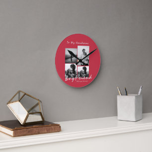 Horloge Ronde 4-Photo Collage Forever Boyfriend Saint-Valentin