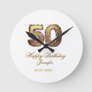 Horloge Ronde 50e anniversaire ajouter nom date année or floral