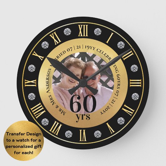 Horloge Ronde 60e Anniversaire de Mariage Cadeau PHOTO Diamant S