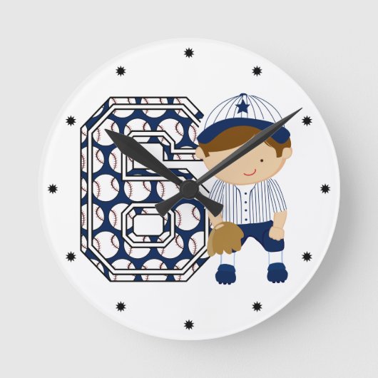 Horloge Ronde 6e Anniversaire de baseball Catcher Bleu et Blanc (Recto)