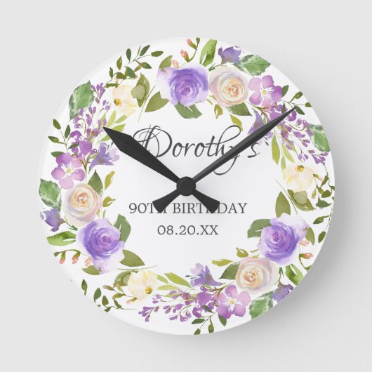 Horloge Ronde 90e anniversaire de Rustic Purple Floral (Recto)