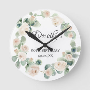 Horloge Ronde 90e jour de Birthday White Rose Floral Eucalyptus