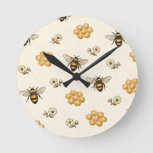 Horloge Ronde Abeilles à Miel et Motif Sans Couture de Rayon de