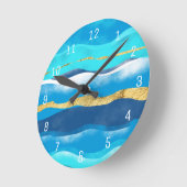 Horloge Ronde Abstract Summer Tropical Beach Blue Gold Waves (Angle)