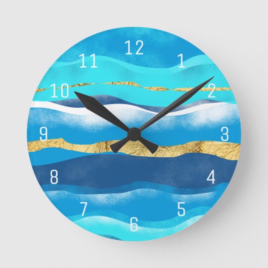 Horloge Ronde Abstract Summer Tropical Beach Blue Gold Waves (Recto)