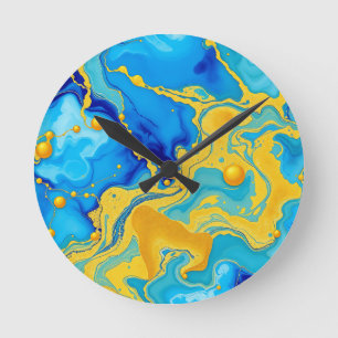 Horloge Ronde Abstrait à l'encre alcoolique bleue et or luxueux