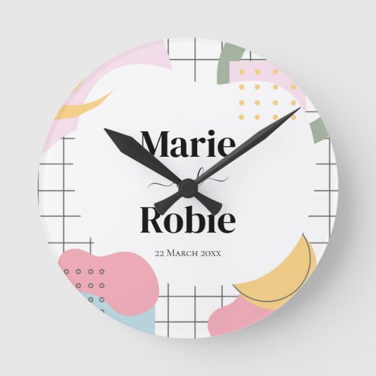 Horloge Ronde Abstrait coloré Memphis Mariage (Recto)