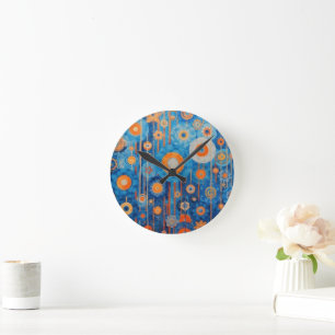 Horloge Ronde Abstrait en floral bleu et orange