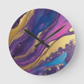 Horloge Ronde Abstrait-flux Art-bleu rose violet et or- (Recto)