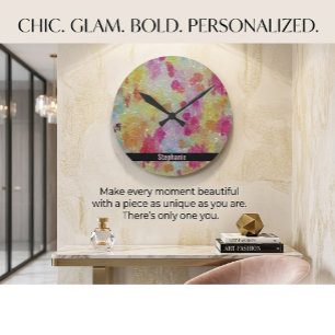 Horloge Ronde Abstrait rose noir et jaune