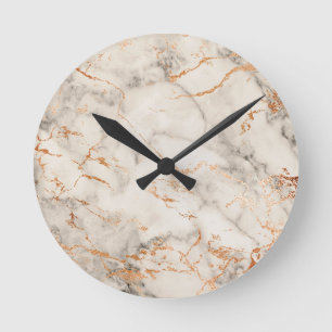Horloge Ronde Accents marrons et motif abstrait blanc