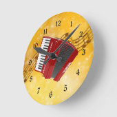 Horloge Ronde Accordéon rouge et notes musicales (Angle)