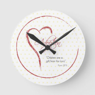Horloge Ronde Adoption, Religieux, Points Jaunes avec Cœur Rouge