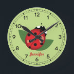 Horloge Ronde Adorable Red Ladybug Insect With Custom<br><div class="desc">This clock has Destei's cartoon illustration of a cute red ladybug that has black spots on it. The background color is light green and there is a personalizable text area for a name The clock face is made of black numbers.</div>