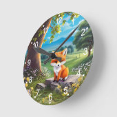 Horloge Ronde Adorable Renard assis sous l'arbre (Angle)