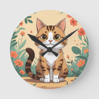 Horloge Ronde Adorable Tabby Cat in Blossom Garden 8" Round Acry