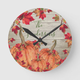 Horloge Ronde Affaire Leaves de Rustic Wood Autumn Orange Pumkin