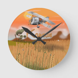 Horloge Ronde "Affiche de voyage de champ de blé vintage Kansas"