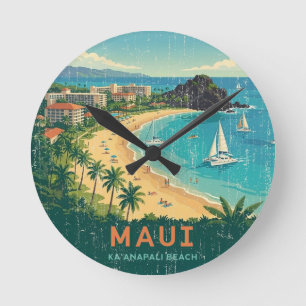 Horloge Ronde Affiches de voyage hawaïennes vintage - Maui