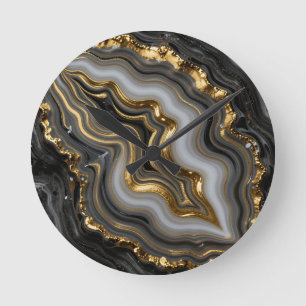 Horloge Ronde Agate Géode Marbre Luxe Or Noir