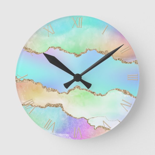 Horloge Ronde Agate Holo | Faux Iridescente Pastel Ombre Marble (Recto)