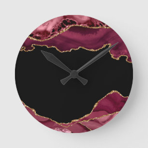 Horloge Ronde Agate Marbre Foncé Rouge Vin Accents Paillettes Do