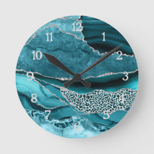 Horloge Ronde Agate Pailletée Argent Safari Imprimé Léopard