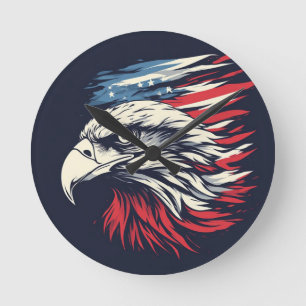 Horloge Ronde Aigle à l'encre et drapeau américain Art La libert