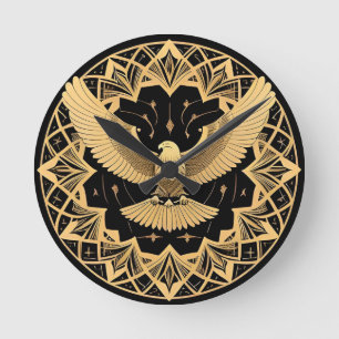 Horloge Ronde Aigle royal sur Mandala géométrique