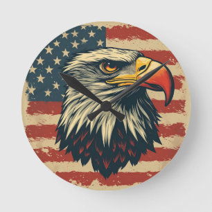 Horloge Ronde Aigle Vintage avec Drapeau Américain – Art Rétro U