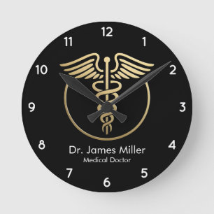 Horloge Ronde Ajouter Votre Nom Médicale Caduceus Symbole Black 