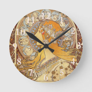 Horloge Ronde Alfonse Mucha Zodiaque Art Nouveau Femme