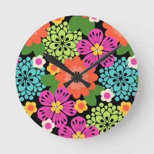 Horloge Ronde Allana Garden Floral Graphique Hawaiien - Noir