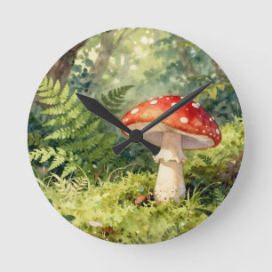 Horloge Ronde Amanite tue-mouches rouge scène de forêt à l'aquar
