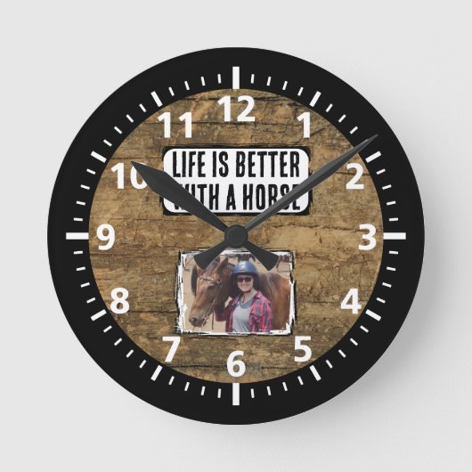 Horloge Ronde Amateur de cheval 1 photo noir blanc rustique (Recto)