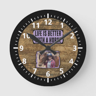 Horloge Ronde Amateur de cheval 1 photo noir violet rustique