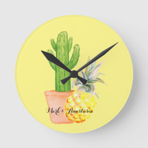 Horloge Ronde Amour moderne Ananas jaune et Cactus