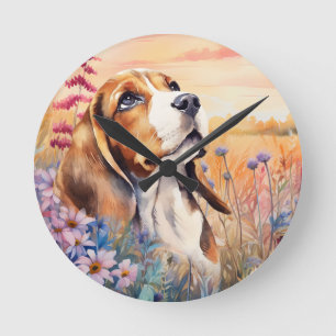 Horloge Ronde Amoureux de Beagle avec Prairie de Fleurs Sauvages