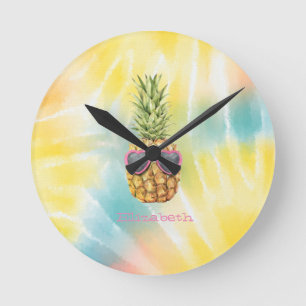 Horloge Ronde Ananas Cool, Tie-Dye Arc-en-Ciel Aquarelle