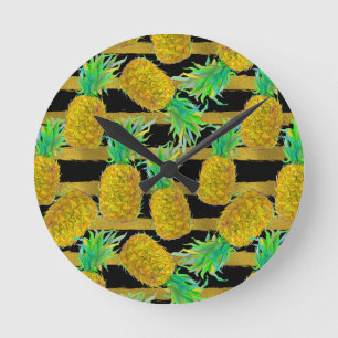 Horloge Ronde Ananas d'or sur des rayures