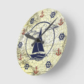 Horloge Ronde Ancienne carte marine/voilier/ancre/roue silhouett (Angle)