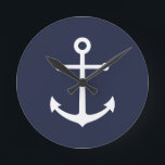 Horloge Ronde Ancre bleue marine<br><div class="desc">Le minimaliste moderne Nautical Round Wall Clock featuring white anchor on navy blue background.
Perfect as beach house decor, Housewarming gift and more.</div>