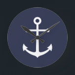 Horloge Ronde Ancre bleue marine<br><div class="desc">Le minimaliste moderne Nautical Round Wall Clock featuring white anchor on navy blue background.

Perfect as beach house decor,  Housewarming gift and more.</div>