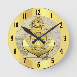 Horloge Ronde Ancre de bateau/or naval rond bleu marine clo