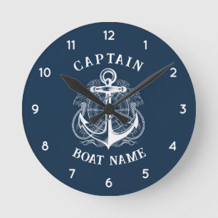 Horloge Ronde Ancre de nom de bateau de capitaine nautique perso