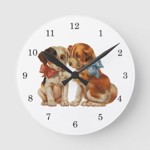 Horloge Ronde Animaux de compagnie vintage, chiots d'amour avec