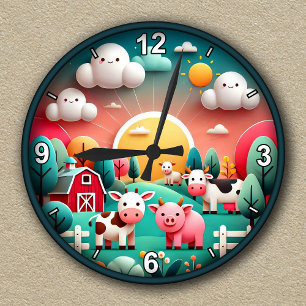 Horloge Ronde Animaux de Ferme Mignons Enfant Personnalisables