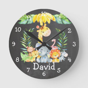 Horloge Ronde Animaux de la jungle mignons tableau noir personna